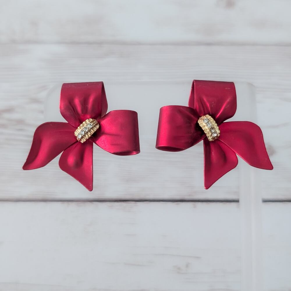 Vintage Stud Earrings Stunning Shiny Red Bow